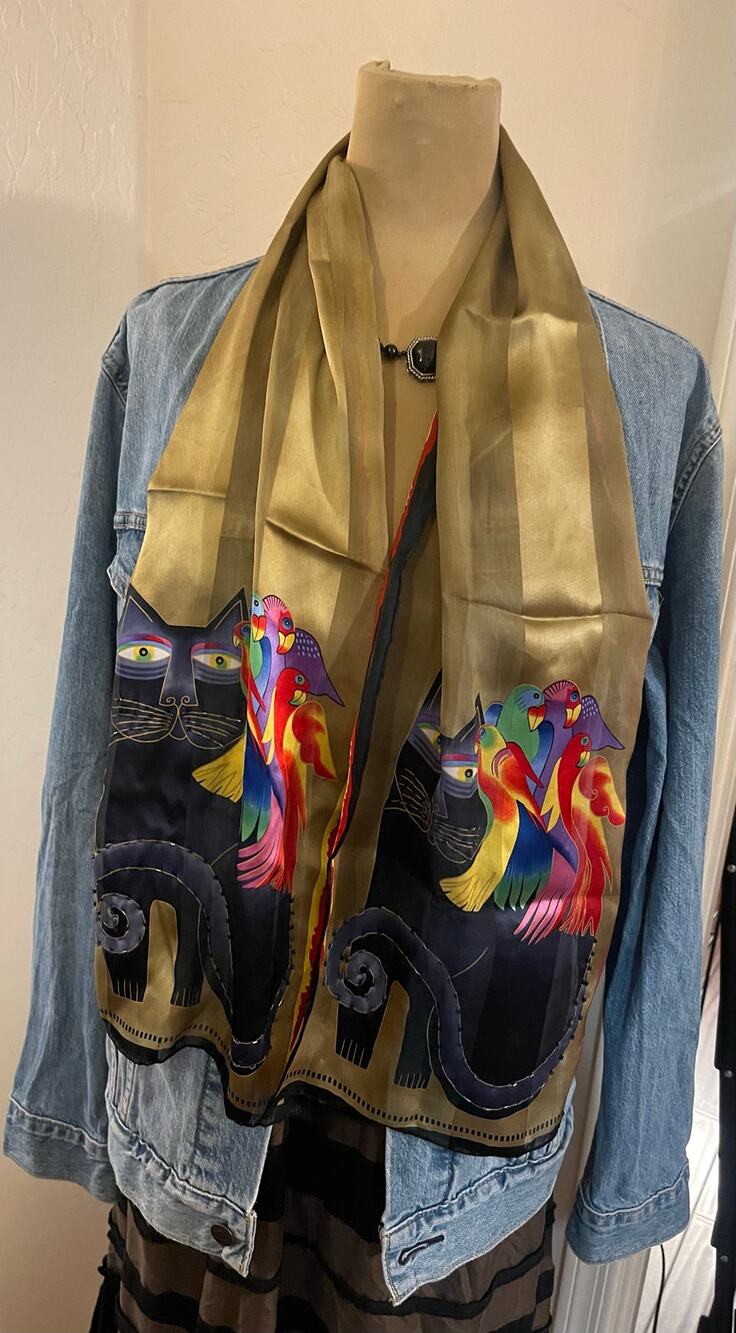 Laurel Burch silk scarve cat and parrots